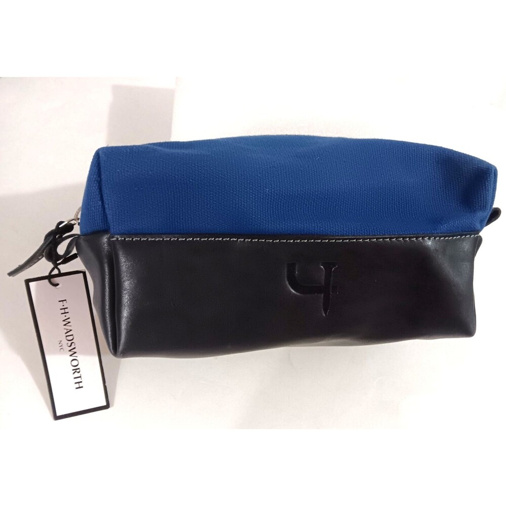 F H Wadsworth men’s toiletry bag blue canvas black leather Travel Bag 10”x4.5”